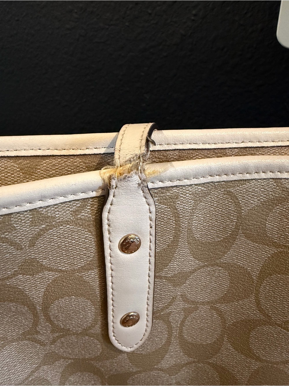 Coach Tan Signature Canvas Tote with Cream Trim khaki tote bag authentic USED - Picture 9 of 15